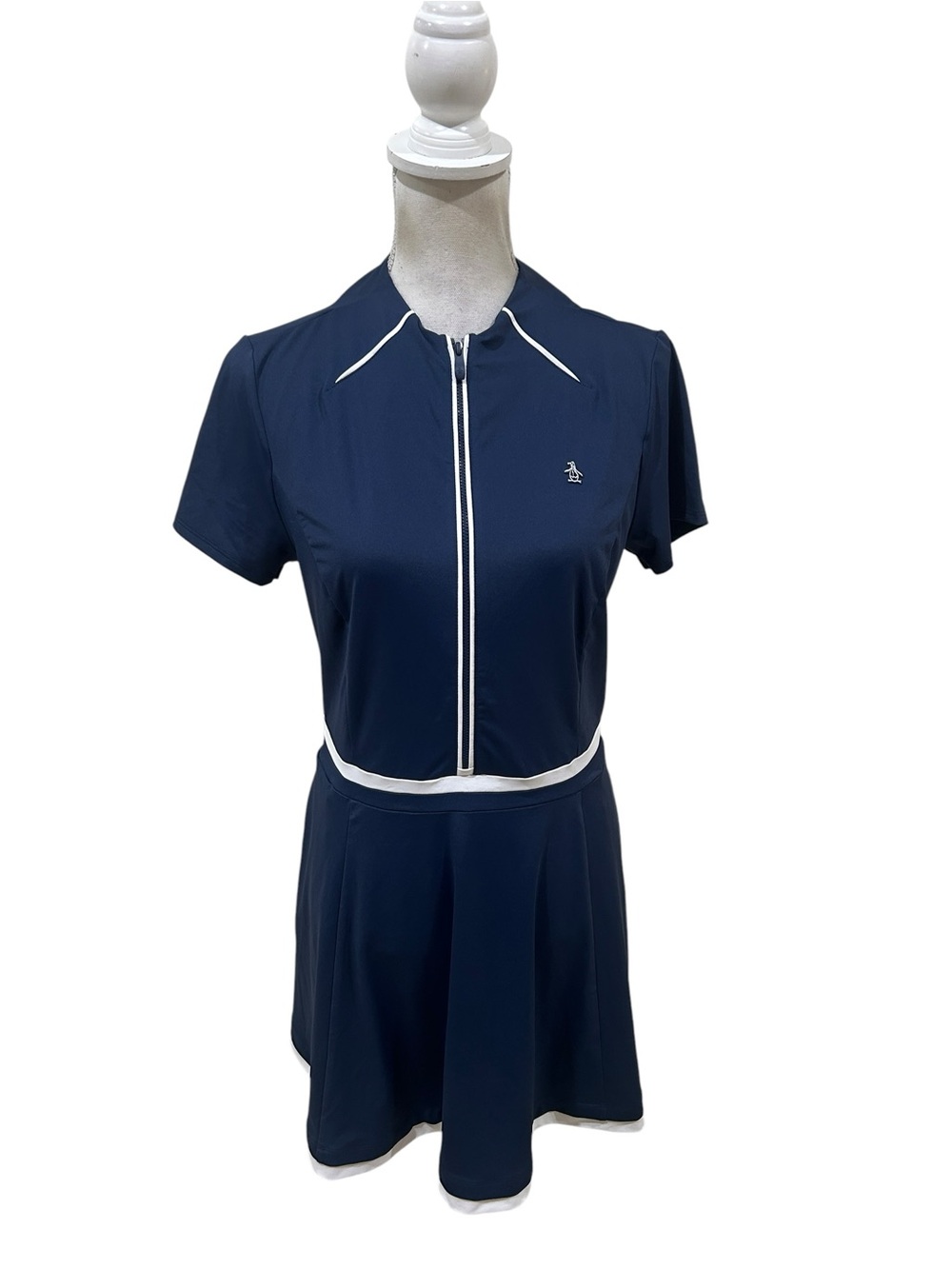 Original Penguin Navy & White Short Sleeve Zip-Front Mini Dress size large